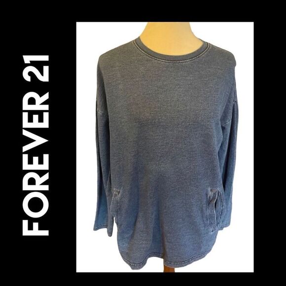 Forever 21 Women's Long Sleeve Sweatshirt Pullover Pockets Crewneck Blue Small - Picture 1 of 9